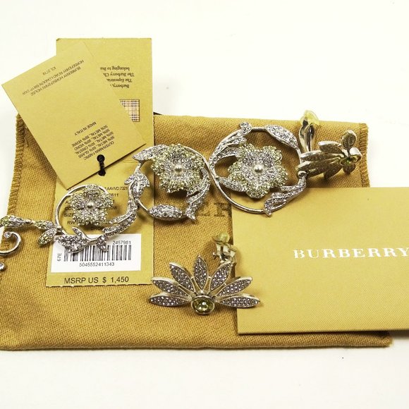 BURBERRY $1450 Half Daisy Drop & Stud Mismatched Earrings In Iris Yellow Crystal - Picture 3 of 11